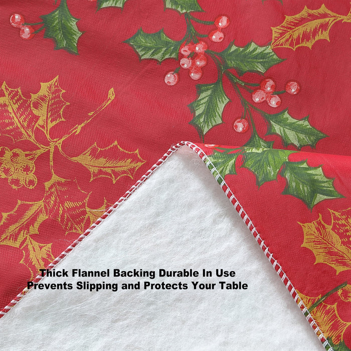Newbridge Red Golden Holly Christmas Vinyl Tablecloth with Flannel Backing, Metallic Gold Holly & Berry Print, Wipe Clean Easy Care Table Cover