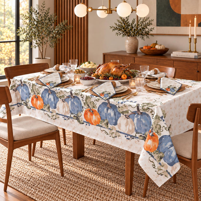 Blue Pumpkin Vines Stone Washed Thanksgiving Fabric Tablecloth, Napkins & Placemats