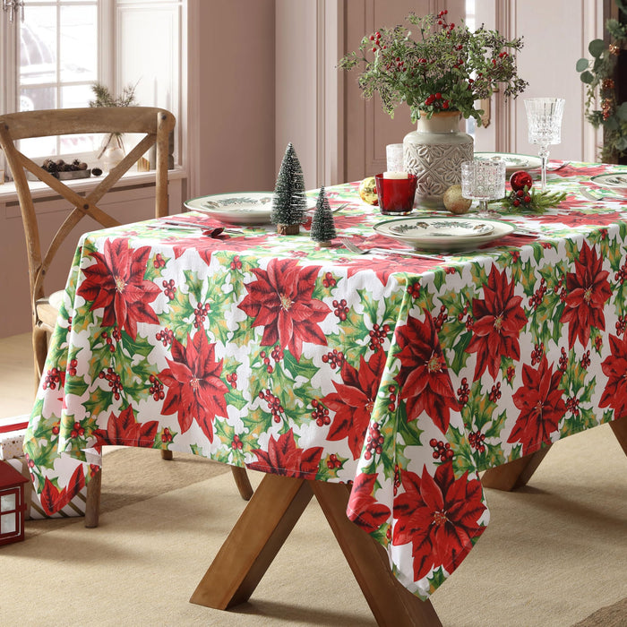 Home Bargains Plus Poinsettia Christmas Fabric Tablecloth, Red Poinsettias and Holly Holiday Floral Print, Winter Dining Table Cover, Holiday Table Decoration