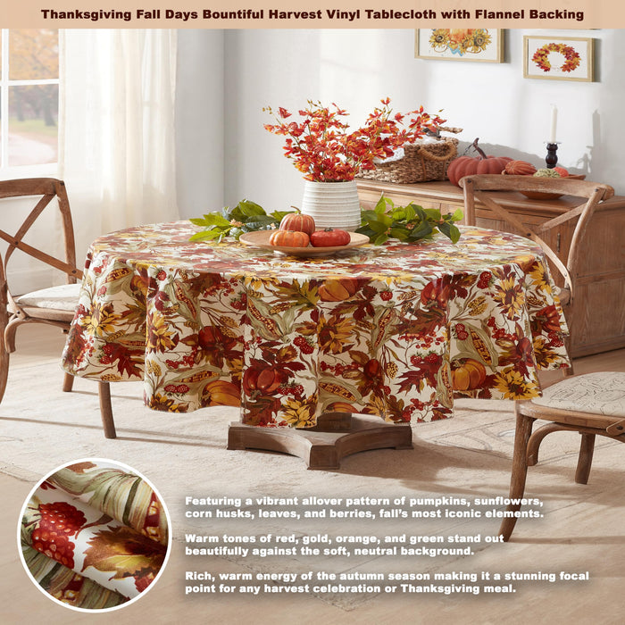 Fall Days Bountiful Harvest Vinyl Flannel Backed Tablecloth - Autumn Leaves, Sunflowers, Corn and Pumpkin Thanksgiving Vinyl Tablecloth by Newbridge