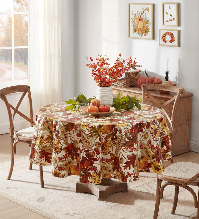 Fall Days Bountiful Harvest Vinyl Flannel Backed Tablecloth - Autumn Leaves, Sunflowers, Corn and Pumpkin Thanksgiving Vinyl Tablecloth by Newbridge