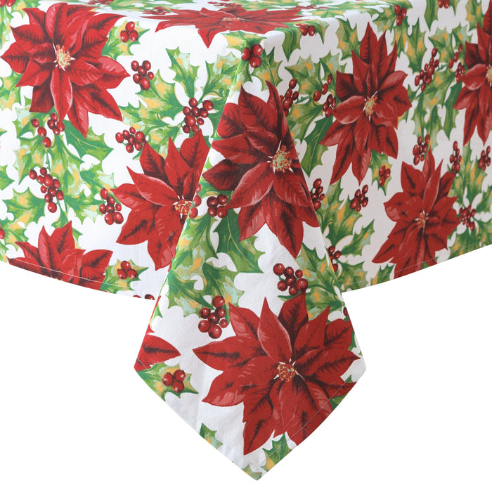 Home Bargains Plus Poinsettia Christmas Fabric Tablecloth, Red Poinsettias and Holly Holiday Floral Print, Winter Dining Table Cover, Holiday Table Decoration