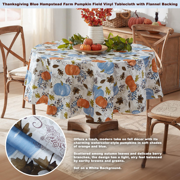 Blue Hampstead Farm Pumpkin Field Autumn and Thanksgiving Vinyl Flannel Back Tablecloth by Newbridge
