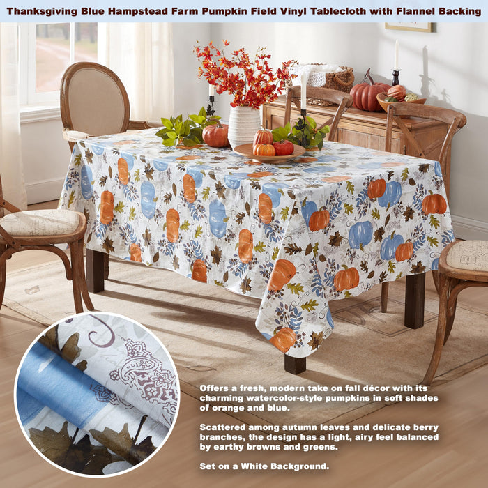 Blue Hampstead Farm Pumpkin Field Autumn and Thanksgiving Vinyl Flannel Back Tablecloth by Newbridge