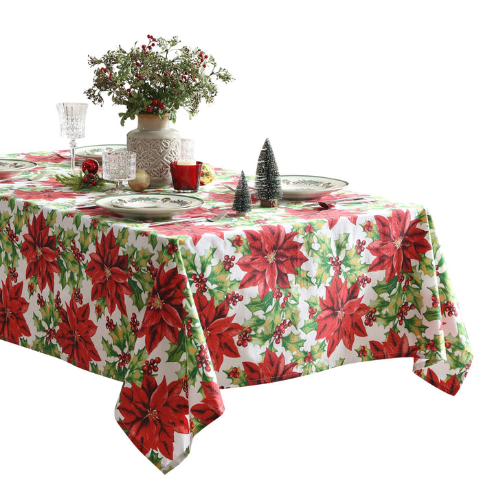 Home Bargains Plus Poinsettia Christmas Fabric Tablecloth, Red Poinsettias and Holly Holiday Floral Print, Winter Dining Table Cover, Holiday Table Decoration