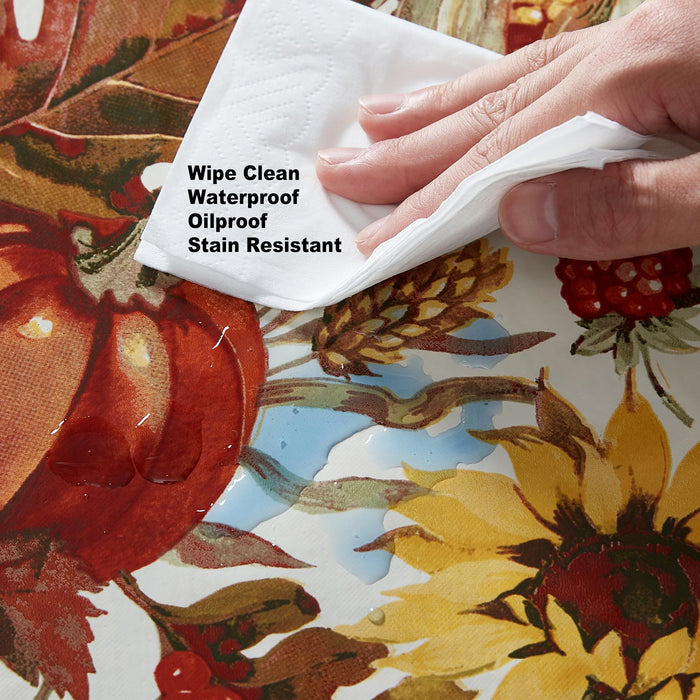 Fall Days Bountiful Harvest Vinyl Flannel Backed Tablecloth - Autumn Leaves, Sunflowers, Corn and Pumpkin Thanksgiving Vinyl Tablecloth by Newbridge