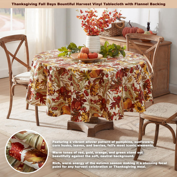 Fall Days Bountiful Harvest Vinyl Flannel Backed Tablecloth - Autumn Leaves, Sunflowers, Corn and Pumpkin Thanksgiving Vinyl Tablecloth by Newbridge