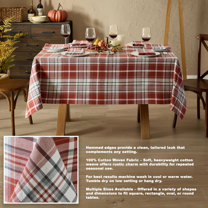 Home Bargains Plus Chambord and Felix Thanksgiving Red Plaid Fabric Tablecloths, Rustic Farmhouse Fall Harvest Easy Care Cotton Blend Table Cover