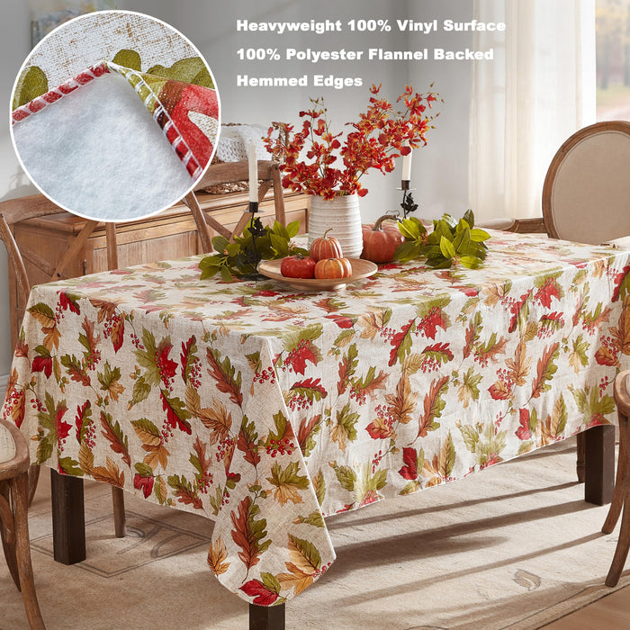 Rustic Fall Acorn and Leaf Print Autumn Vinyl Flannel Backed Tablecloth, Thanksgiving Autumn Leaves by Newbridge
