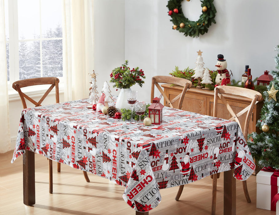 Newbridge Country Plaid Santa and Snowman Christmas Vinyl Flannel Backed Tablecloth - Red Plaid Jolly Santa Print Wipe Clean Easy Care Kitchen, Dining Room Tablecloths