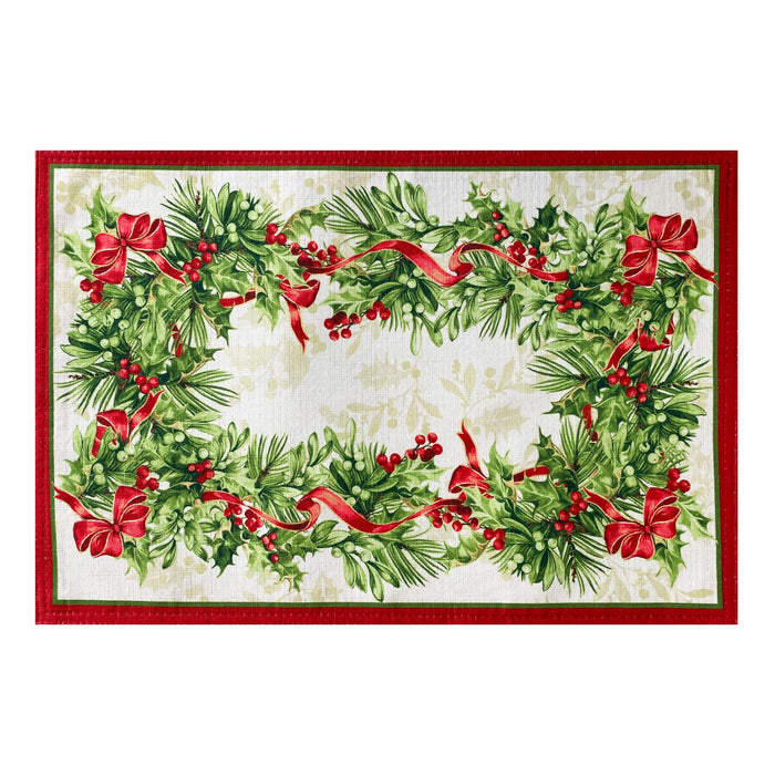 Newbridge Holly Ribbon Traditions Bordered Christmas Fabric Tablecloth, Boughs of Holly and Berry Ribbon Garland Print Easy Care Tablecloths and Napkins