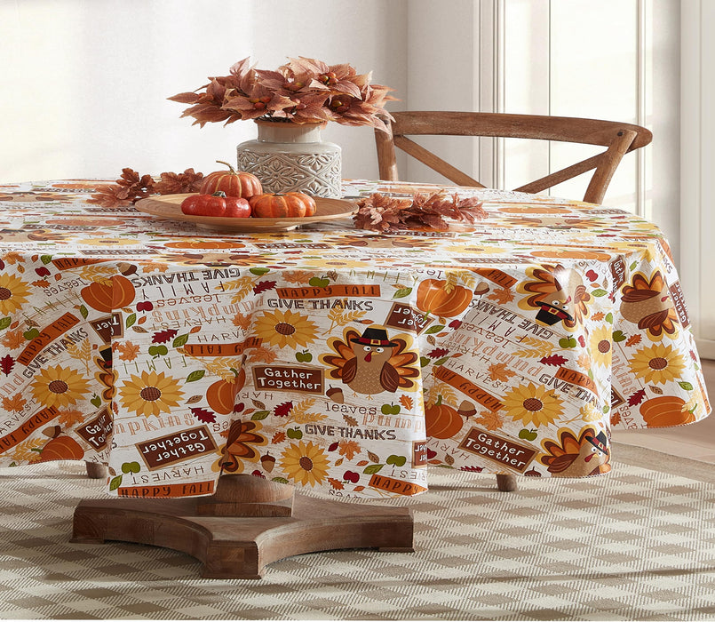 Happy Thanksgiving Turkey Vinyl Flannel Backed Tablecloth, Whimsical Fall Harvest by Newbridge