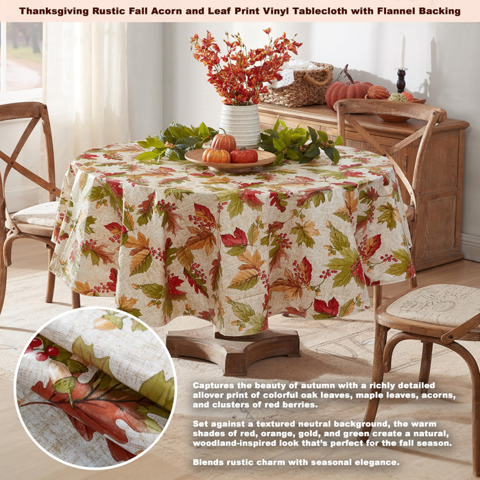 Rustic Fall Acorn and Leaf Print Autumn Vinyl Flannel Backed Tablecloth, Thanksgiving Autumn Leaves by Newbridge