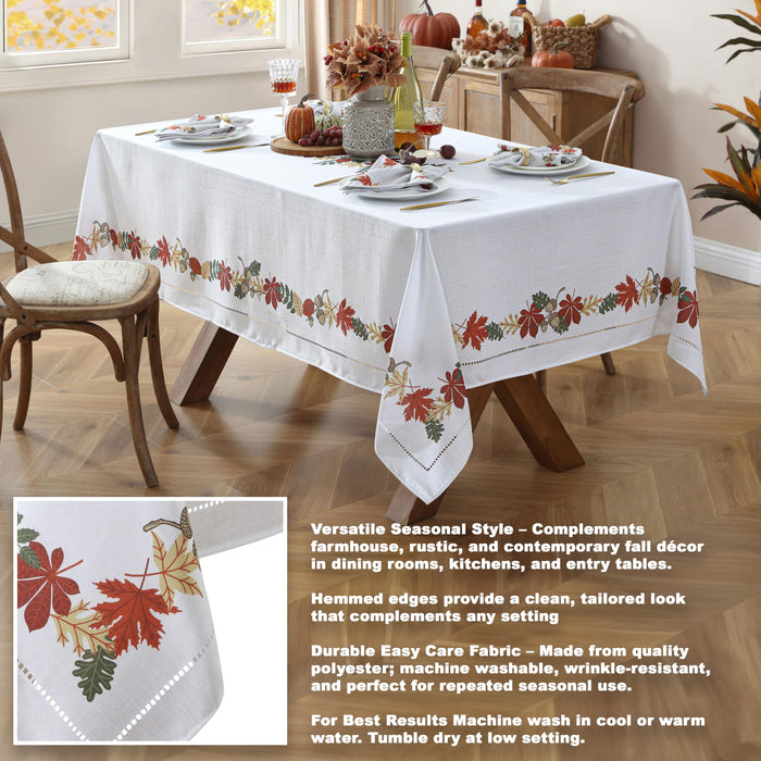 Home Bargains Plus Red Green and Gold Bordered Leaves Fabric Holiday Dining Tablecloth, Napkins, Placemats and Table Runner