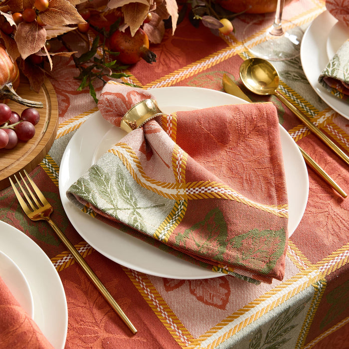 Whispering Leaves Rust Orange Green Plaid Thanksgiving Tablecloth, Woven Fabric