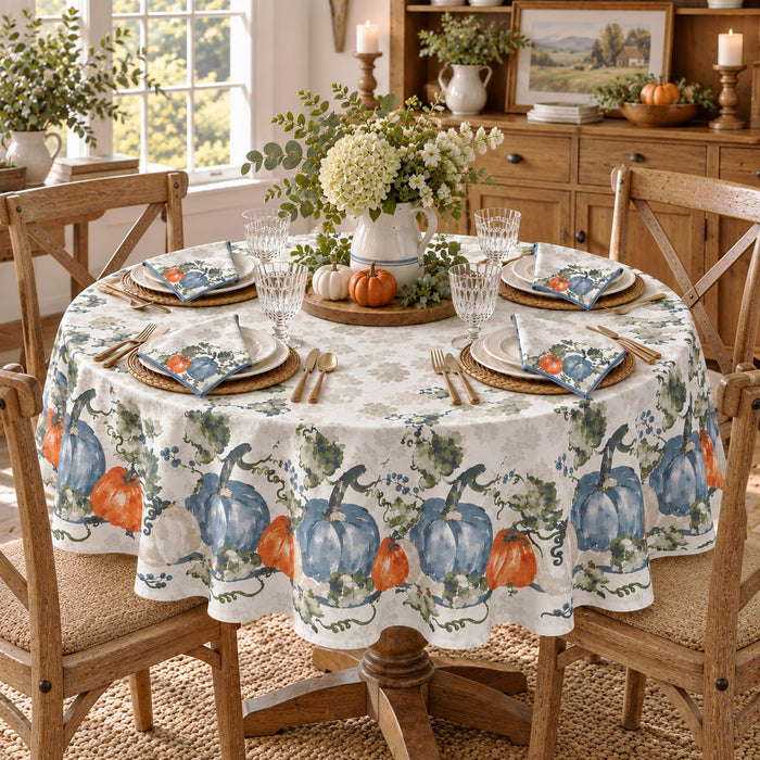 Blue Pumpkin Vines Stone Washed Thanksgiving Fabric Tablecloth, Napkins & Placemats
