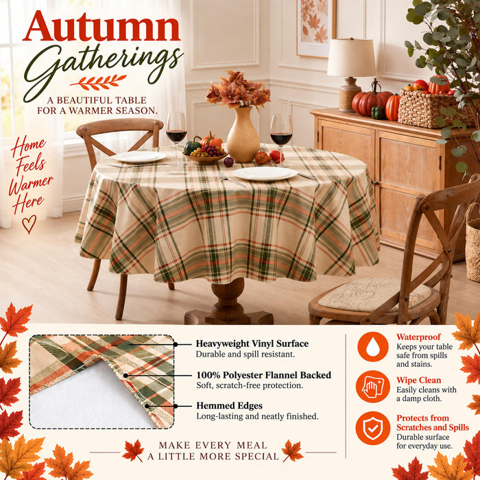 Pocono Plaid Rust and Sage Vinyl Tablecloth with Flannel Backing by Newbridge