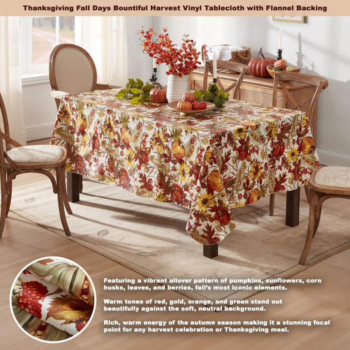 Fall Days Bountiful Harvest Vinyl Flannel Backed Tablecloth - Autumn Leaves, Sunflowers, Corn and Pumpkin Thanksgiving Vinyl Tablecloth by Newbridge