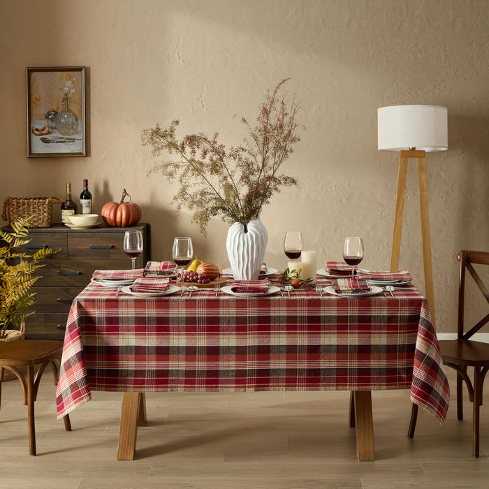 Home Bargains Plus Chambord and Felix Thanksgiving Red Plaid Fabric Tablecloths, Rustic Farmhouse Fall Harvest Easy Care Cotton Blend Table Cover