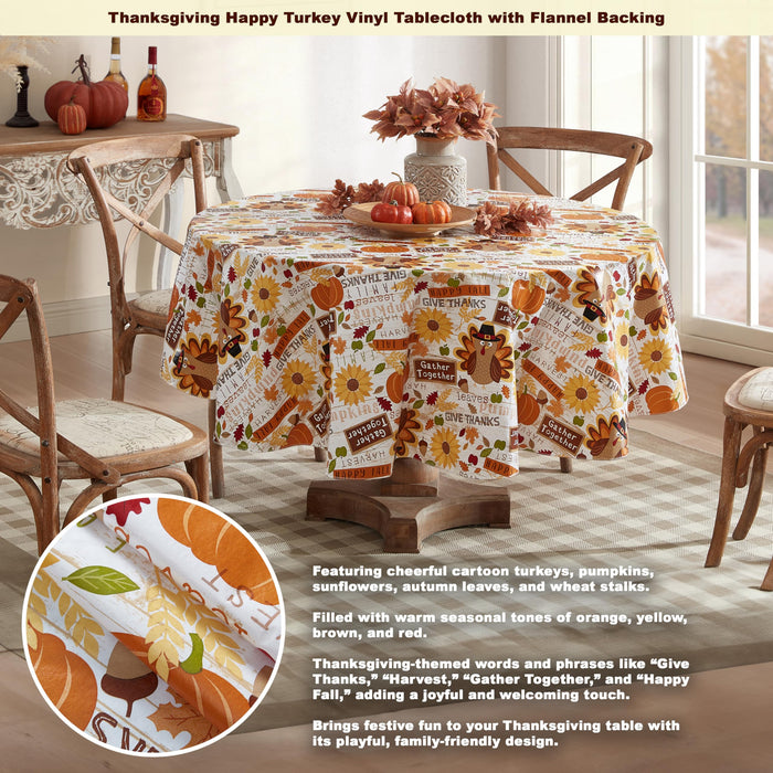 Happy Thanksgiving Turkey Vinyl Flannel Backed Tablecloth, Whimsical Fall Harvest by Newbridge