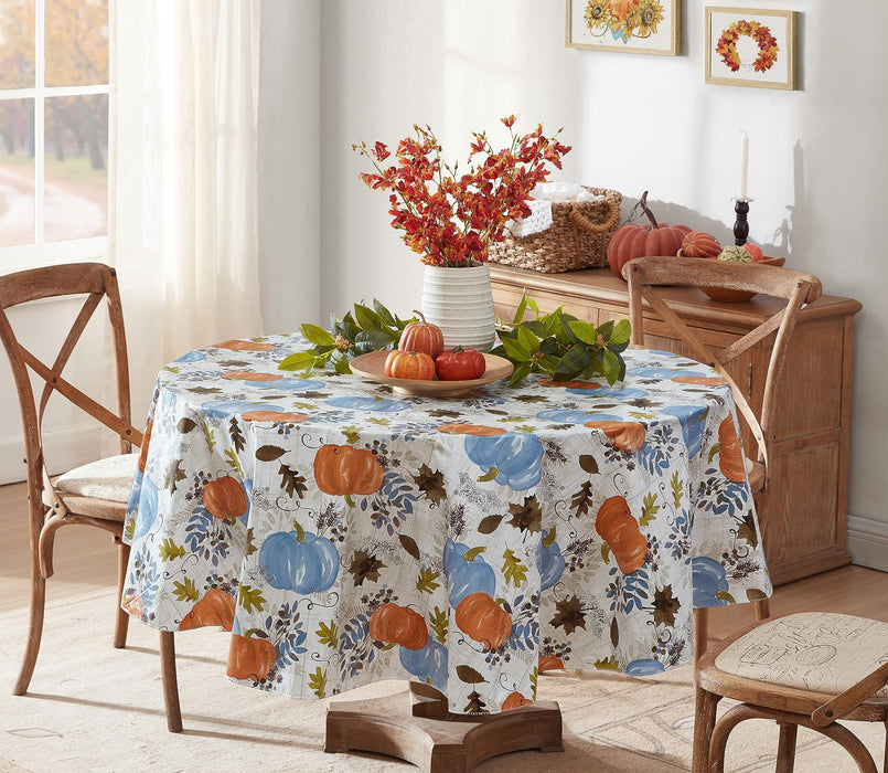 Blue Hampstead Farm Pumpkin Field Autumn and Thanksgiving Vinyl Flannel Back Tablecloth by Newbridge
