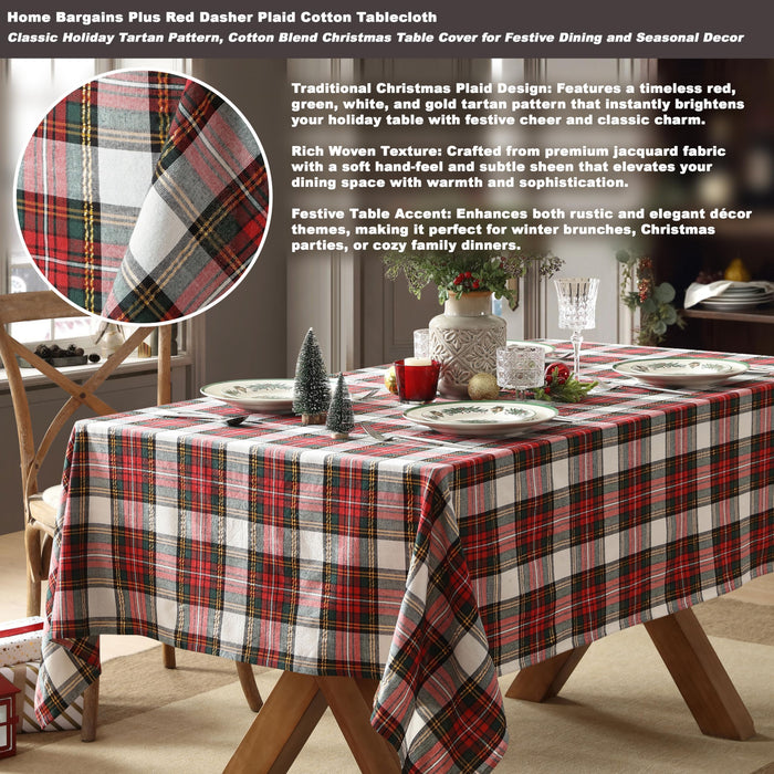 Home Bargains Plus Red Dasher Plaid Cotton Tablecloth, Classic Holiday Tartan Pattern, Cotton Blend Christmas Table Cover for Festive Dining and Seasonal Decor