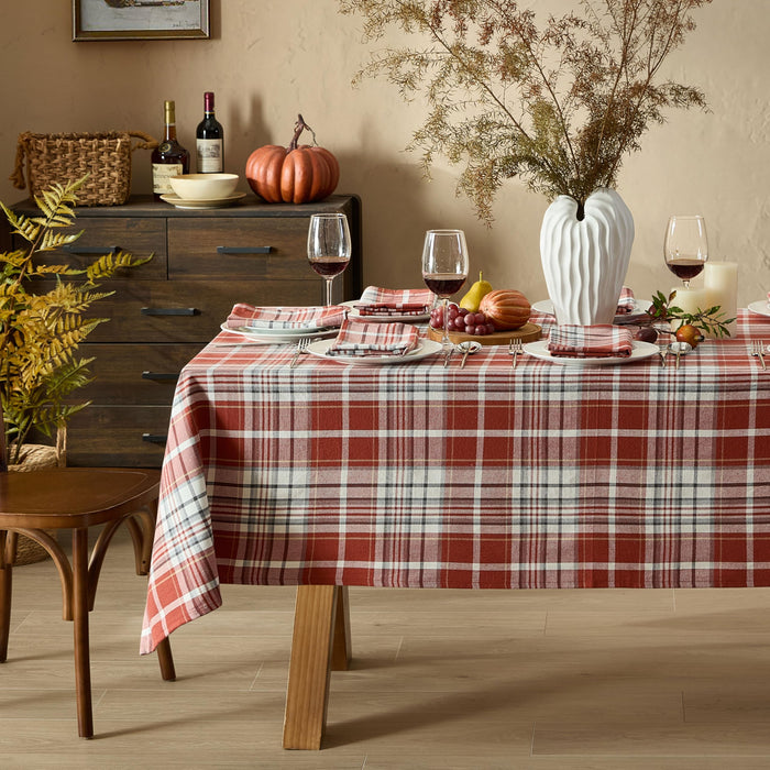 Home Bargains Plus Chambord and Felix Thanksgiving Red Plaid Fabric Tablecloths, Rustic Farmhouse Fall Harvest Easy Care Cotton Blend Table Cover