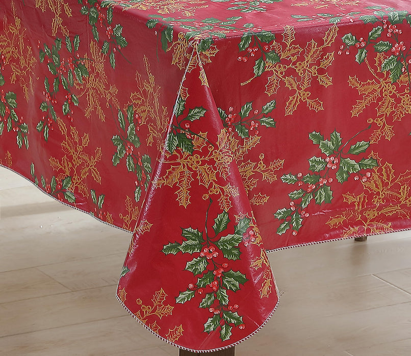 Newbridge Red Golden Holly Christmas Vinyl Tablecloth with Flannel Backing, Metallic Gold Holly & Berry Print, Wipe Clean Easy Care Table Cover