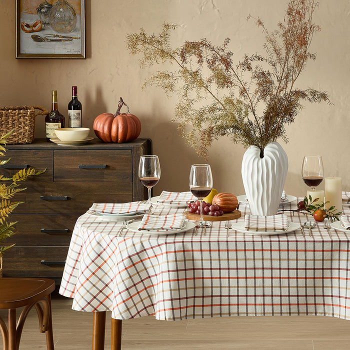 Home Bargains Plus Thanksgiving Hilton Plaid Fabric Tablecloth, Red Taupe Cream Woven Gingham Check Harvest Easy Care Cotton Blend Table Cover and Napkin