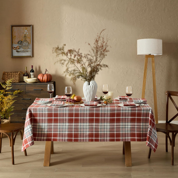 Home Bargains Plus Chambord and Felix Thanksgiving Red Plaid Fabric Tablecloths, Rustic Farmhouse Fall Harvest Easy Care Cotton Blend Table Cover