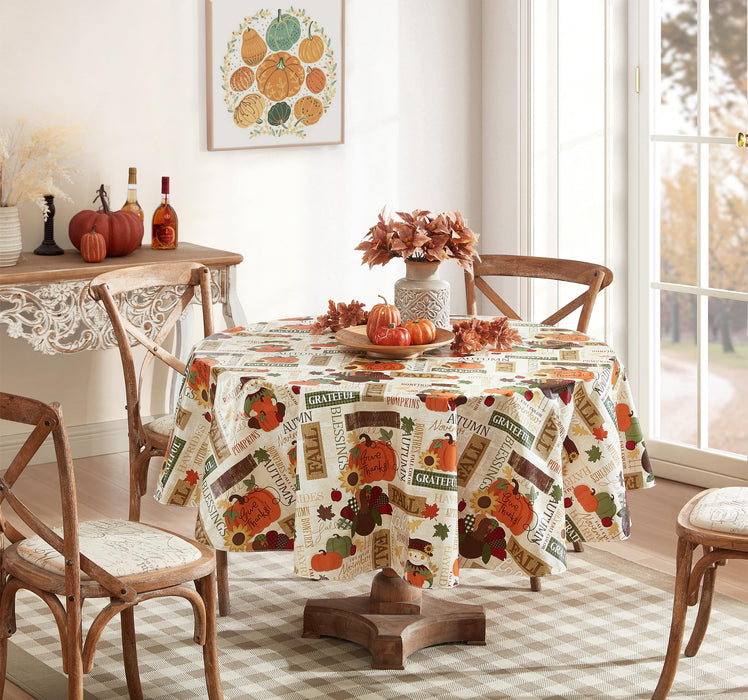 Fall Hayride and Happy Scarecrow Thanksgiving Vinyl Flannel Backed Tablecloth, Gingham Turkeys and Pumpkin by Newbridge