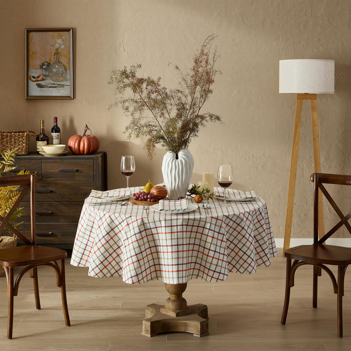 Home Bargains Plus Thanksgiving Hilton Plaid Fabric Tablecloth, Red Taupe Cream Woven Gingham Check Harvest Easy Care Cotton Blend Table Cover and Napkin