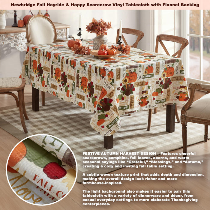Fall Hayride and Happy Scarecrow Thanksgiving Vinyl Flannel Backed Tablecloth, Gingham Turkeys and Pumpkin by Newbridge