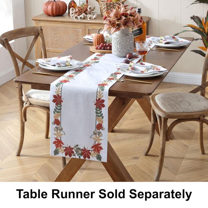 Home Bargains Plus Red Green and Gold Bordered Leaves Fabric Holiday Dining Tablecloth, Napkins, Placemats and Table Runner