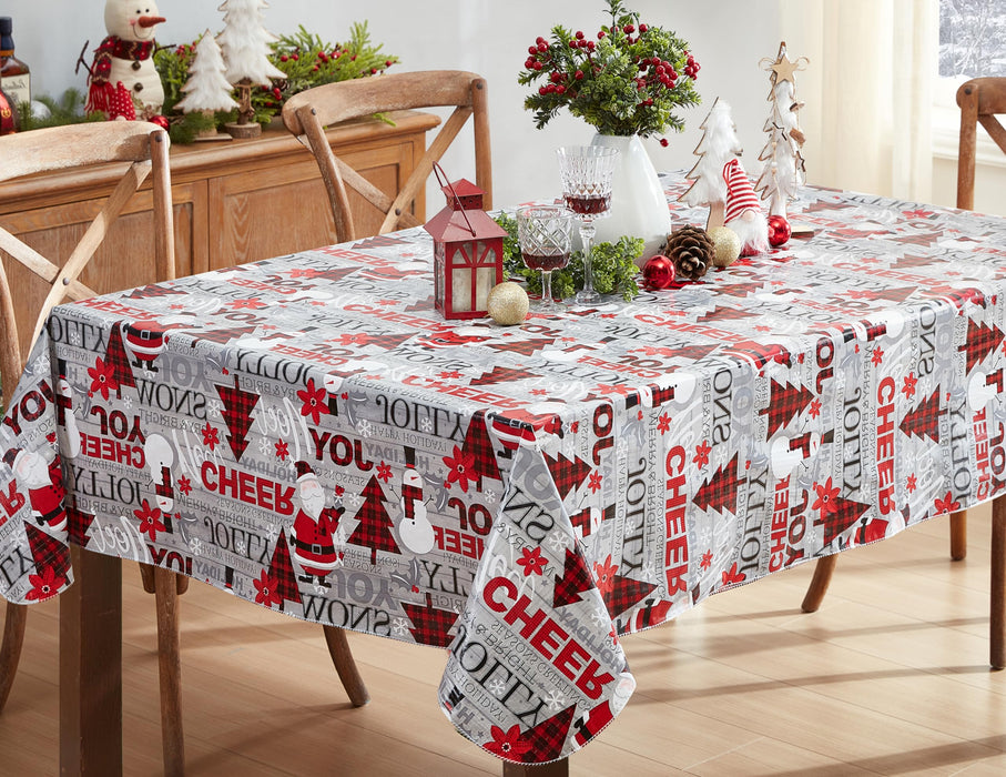 Newbridge Country Plaid Santa and Snowman Christmas Vinyl Flannel Backed Tablecloth - Red Plaid Jolly Santa Print Wipe Clean Easy Care Kitchen, Dining Room Tablecloths