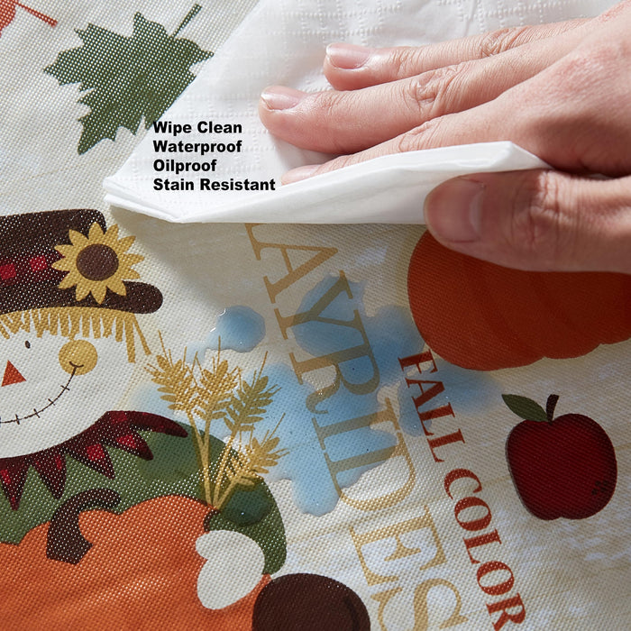 Fall Hayride and Happy Scarecrow Thanksgiving Vinyl Flannel Backed Tablecloth, Gingham Turkeys and Pumpkin by Newbridge
