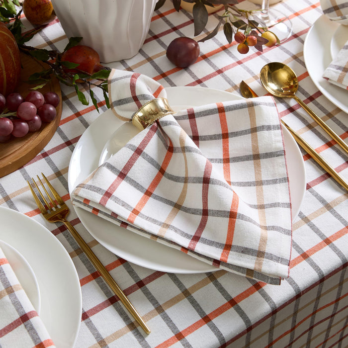 Home Bargains Plus Thanksgiving Hilton Plaid Fabric Tablecloth, Red Taupe Cream Woven Gingham Check Harvest Easy Care Cotton Blend Table Cover and Napkin
