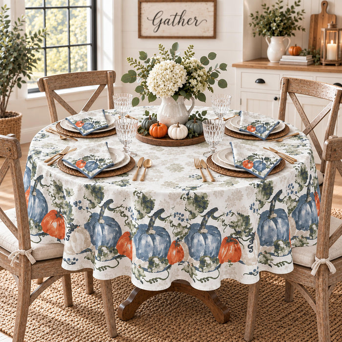 Blue Pumpkin Vines Stone Washed Thanksgiving Fabric Tablecloth, Napkins & Placemats