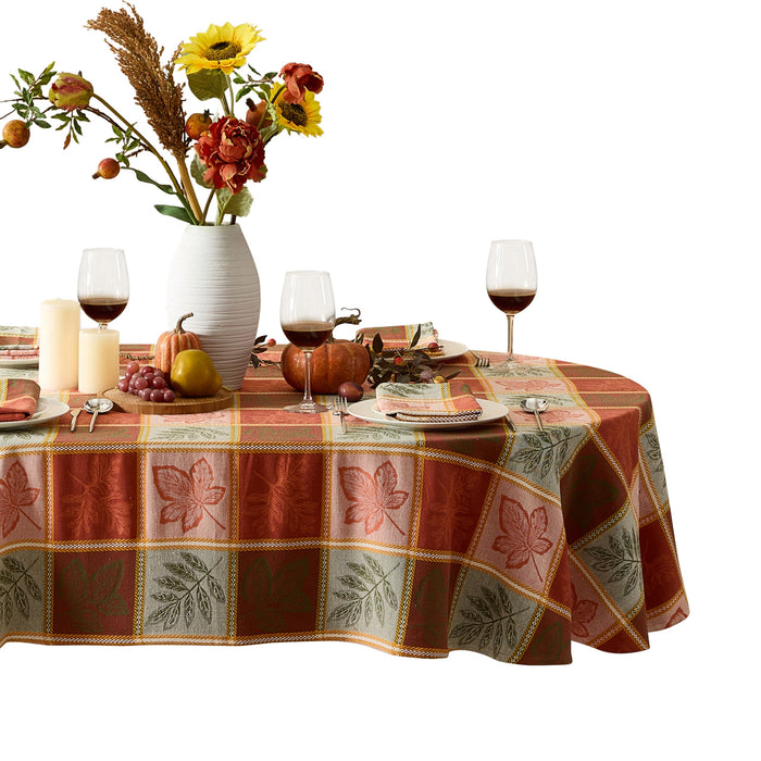 Whispering Leaves Rust Orange Green Plaid Thanksgiving Tablecloth, Woven Fabric