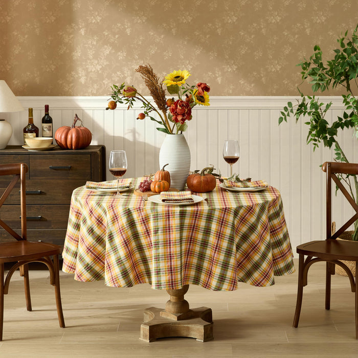Wheatfield Golden Yellow Plaid Cotton Tablecloth for Fall & Thanksgiving