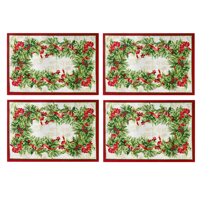 Newbridge Holly Ribbon Traditions Bordered Christmas Fabric Tablecloth, Boughs of Holly and Berry Ribbon Garland Print Easy Care Tablecloths and Napkins