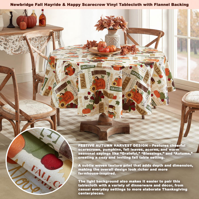 Fall Hayride and Happy Scarecrow Thanksgiving Vinyl Flannel Backed Tablecloth, Gingham Turkeys and Pumpkin by Newbridge