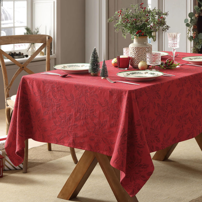 Home Bargains Plus Poinsettia Jacquard Fabric Tablecloth, Red Tone-on-Tone Holiday Floral Pattern, Cotton Blend Christmas Table Cover for Winter Dining