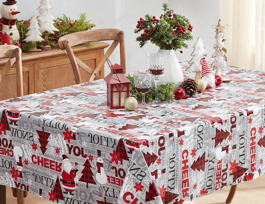 Newbridge Country Plaid Santa and Snowman Christmas Vinyl Flannel Backed Tablecloth - Red Plaid Jolly Santa Print Wipe Clean Easy Care Kitchen, Dining Room Tablecloths