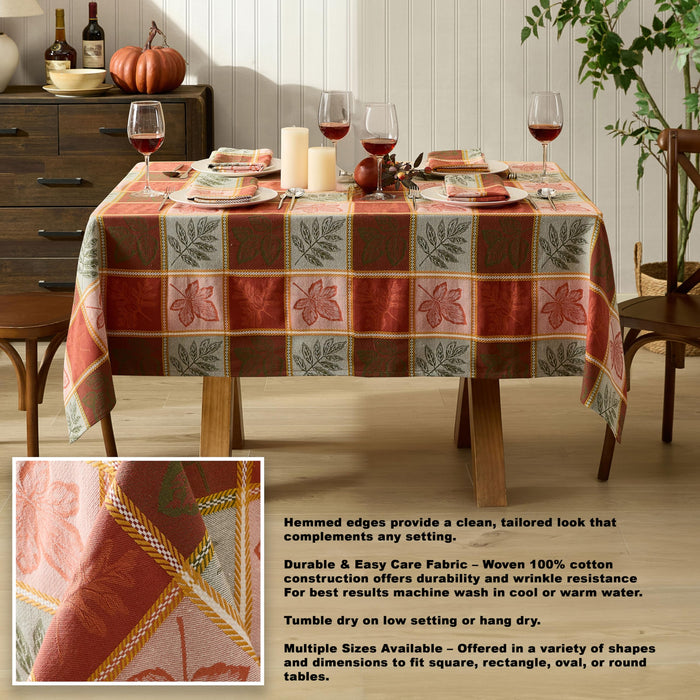 Whispering Leaves Rust Orange Green Plaid Thanksgiving Tablecloth, Woven Fabric