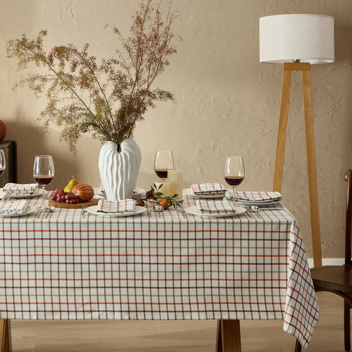 Home Bargains Plus Thanksgiving Hilton Plaid Fabric Tablecloth, Red Taupe Cream Woven Gingham Check Harvest Easy Care Cotton Blend Table Cover and Napkin