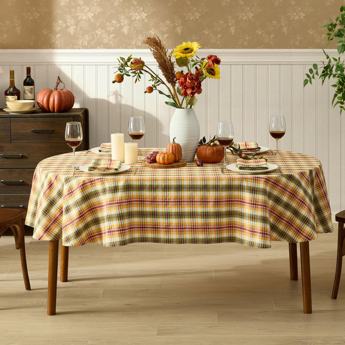 Wheatfield Golden Yellow Plaid Cotton Tablecloth for Fall & Thanksgiving