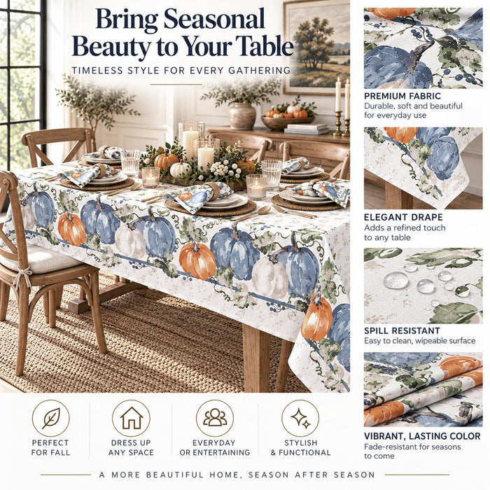 Blue Pumpkin Vines Stone Washed Thanksgiving Fabric Tablecloth, Napkins & Placemats