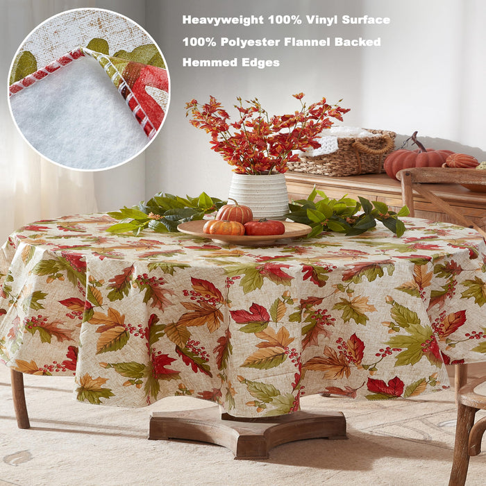 Rustic Fall Acorn and Leaf Print Autumn Vinyl Flannel Backed Tablecloth, Thanksgiving Autumn Leaves by Newbridge