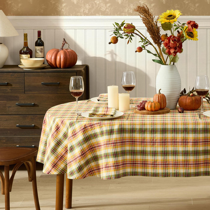 Wheatfield Golden Yellow Plaid Cotton Tablecloth for Fall & Thanksgiving